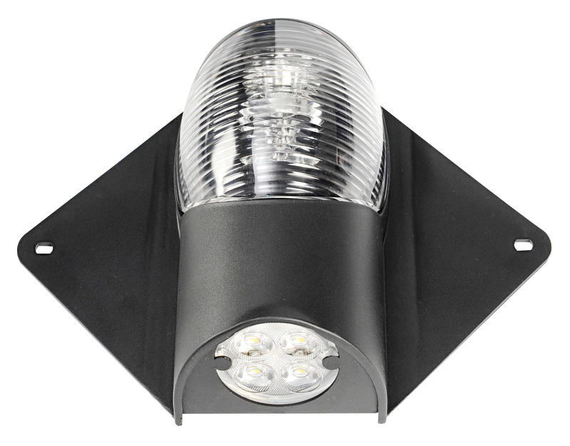 Fanali di via 225° LED Art. 11.060.03 abbinato a luce di coperta a LED. Carcassa in tecnopolimero con bandelle flessibili adattabili a qualsiasi tipo di albero.Certificati EN60945 - COLREG 1972 + USCG + ABYC A-16.