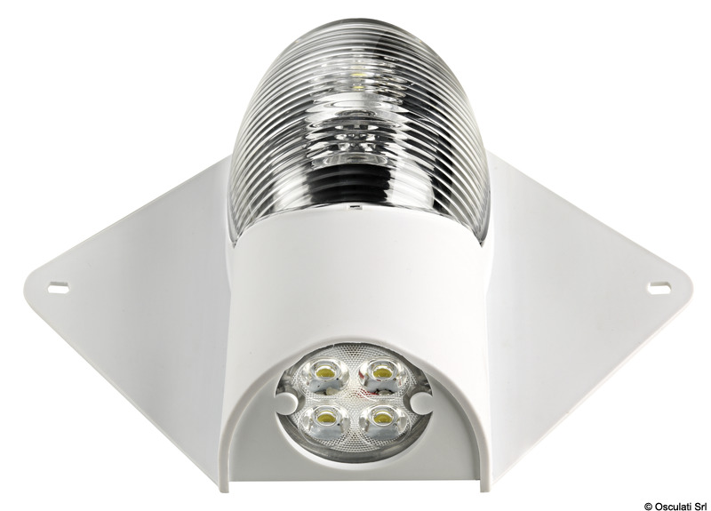 Fanali di via 225° LED Art. 11.060.03 abbinato a luce di coperta a LED. Carcassa in tecnopolimero con bandelle flessibili adattabili a qualsiasi tipo di albero.Certificati EN60945 - COLREG 1972 + USCG + ABYC A-16.