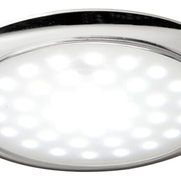 Corpo in ABS, lente in vetro satinato. Senza incasso. Versione ultrapiatta con interruttore touch e due livelli di luminosità.