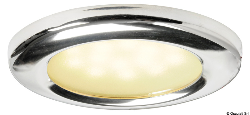 Corpo in alluminio rivestito con resina epossidica bianca, ghiera in acciaio inox.Lente in vetro satinato.