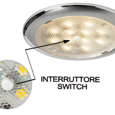 Corpo in acciaio inox. Fissaggio tramite viti nascoste dal frontalino. Completa di 2 lenti frontali di diversa trasparenza.