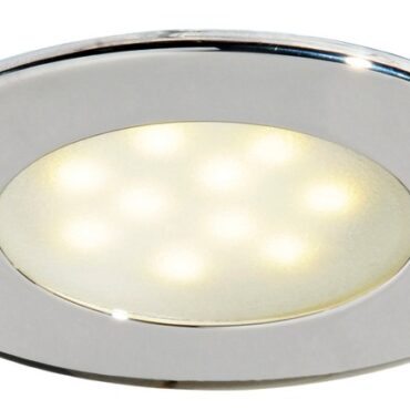 Corpo in acciaio inox. Lente in vetro satinato.Doppio sistema di fissaggio: con viti nascoste o con molle interne inox.