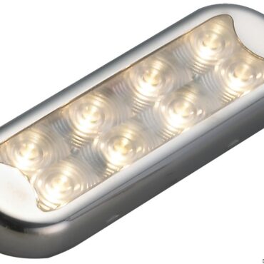 In acciaio inox lucidato con vetro in tecnopolimero. Fissaggio senza incasso.