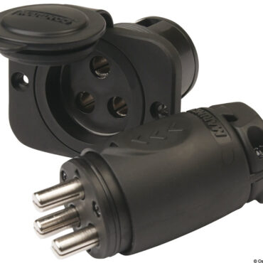 Kit presa e spina per motori elettrici e utenze di bordo con contatti in ottone nichelato, tenuta stagna con cappuccio e accoppiamento “locking” a prova di vibrazioni. Una soluzione plug‑and‑play che copre dal piccolo trolling motor fino ai sistemi più potenti: connessione sicura, impermeabile e a bassa caduta di tensione, pronta per installazioni da 12 a 48 volt.