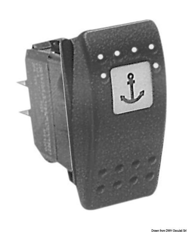 Impermeabili IP56. Richiedono per l’installazione un foro rettangolare da 21,5x36,8 mm. Capacità massima 20 A a 12V e 15 A 24 V. Completi di doppia illuminazione: uno che illumina il simbolo dell’utenza a cui é collegato, sempre acceso (per essere rintracciato al buio), il secondo che illumina una apposita fessura sotto il simbolo che si accende come spia quando si attiva l’utenza, bascula da ordinare a parte.