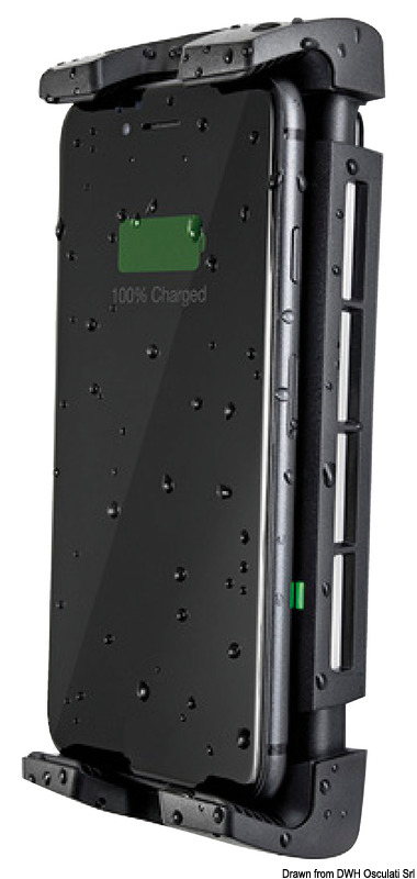 Caricatore wireless per telefono, ad alte prestazioni, progettato per la nautica. Adatto a telefoni di lunghezza minima 120 mm (4.7") e massima 173 mm (6.8").- 100% stagno IPX6;- elevato Grip di tenuta;- carcassa in alluminio anodizzato;- inserimento con una sola mano;- si installa su qualsiasi superficie piana;- LED indicatore di carica.