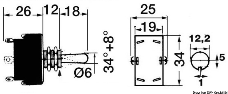 Carcassa in termoindurente resistente ad alta tensione, contatti in argento, leva di manovra e bussola in ottone nichelato. Capacità 15 A. Modello robustissimo e funzionale. Terminali “Faston”, perno 12x10 mm. Collegabili a due circuiti separati.