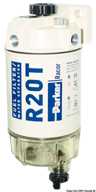 Separatori acqua-carburante, adatti solo per gasolio. Venduti con cartuccia da 10 micron, disponibili cartucce da 30 micron.