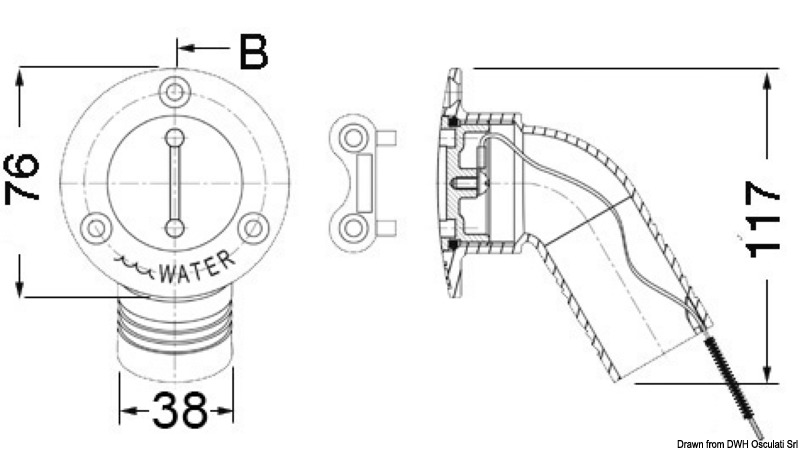 In acciaio inox AISI 316 lucidato a specchio, con gomito a 30°. Apertura tappo con chiave universale tipo 20.169.90.
