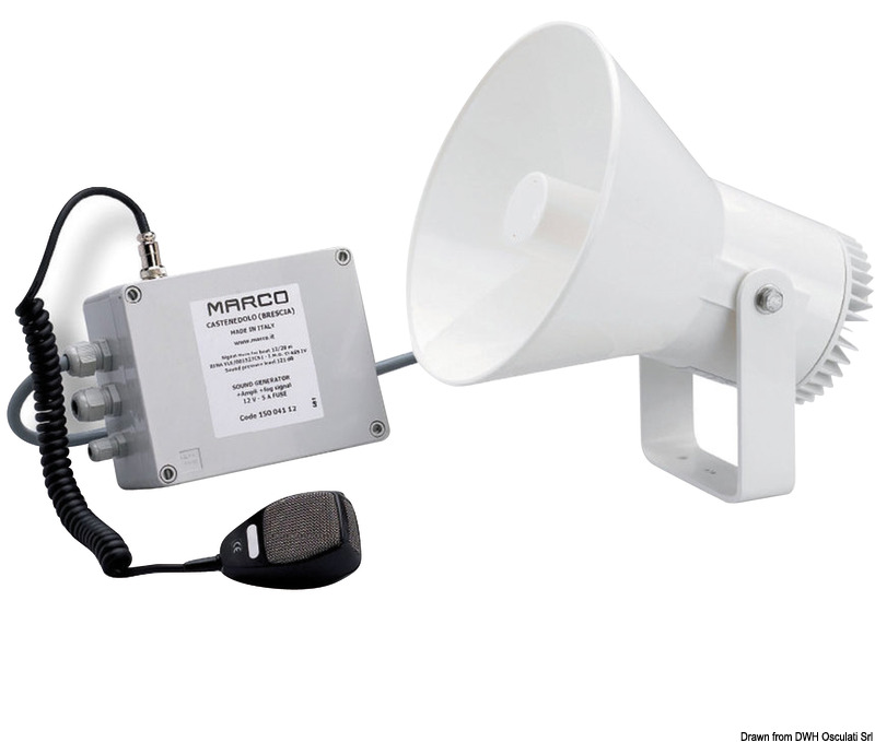 Tromba elettronica dal facile montaggio, in quanto basta portare due fili dal corno alla centralina. Munita di staffa da supporto in acciaio inox lucidato. Provvista di un dispositivo amplificatore di voce per trasmettere messaggi vocali + segnale automatico da nebbia + entrata VHF, completa di microfono. Omologata RINA per scafi da diporto e da lavoro da 12 a 20 m.