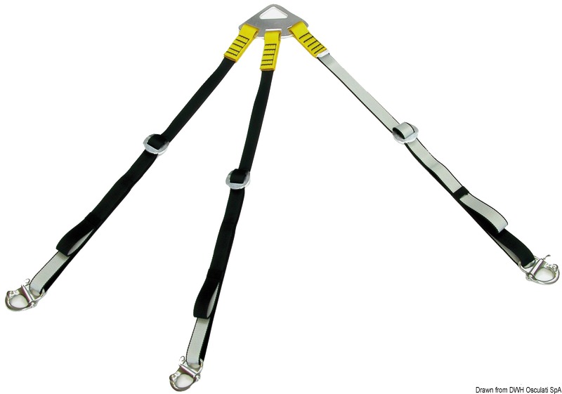Di alta qualità, resistente UV per sollevamento tender di qualsiasi tipo. Piastra di sospendita e fibbie di regolazione in alluminio alta resistenza anodizzato. Moschettoni aggancio in acciaio inox AISI 316 ad apertura rapida. Carico max KG 400. Universali per qualsiasi gommone, in quanto regolabili. Articolo brevettato e certificato CE.
