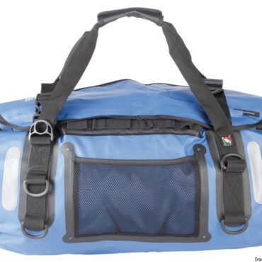 Borsone stagno a sezione circolare con sistema ultra fix per agganciare moschettoni o altro, bande rifrangenti, tasca a rete, tasca esterna water resistant.