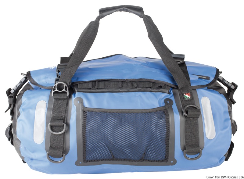 Borsone stagno a sezione circolare con sistema ultra fix per agganciare moschettoni o altro, bande rifrangenti, tasca a rete, tasca esterna water resistant.
