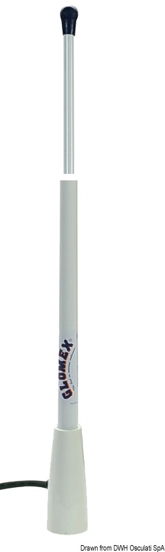 In fibra di vetro per radio telefoni VHF, lunghezza 1,5 m. Guadagno 3 db, potenza massima applicabile 100 W. Fornita senza base.