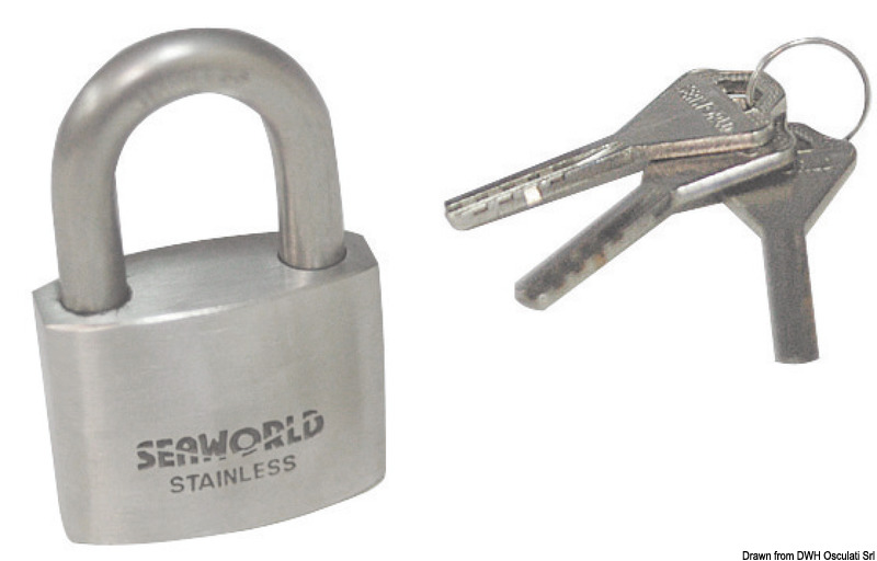 Corpo e arco in acciaio inox AISI 304, serratura in ottone cromato.