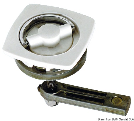In nylon + ottone cromato. Fissaggio con due viti su pannelli spessore mm 6-16, completo di fermo a scatto.