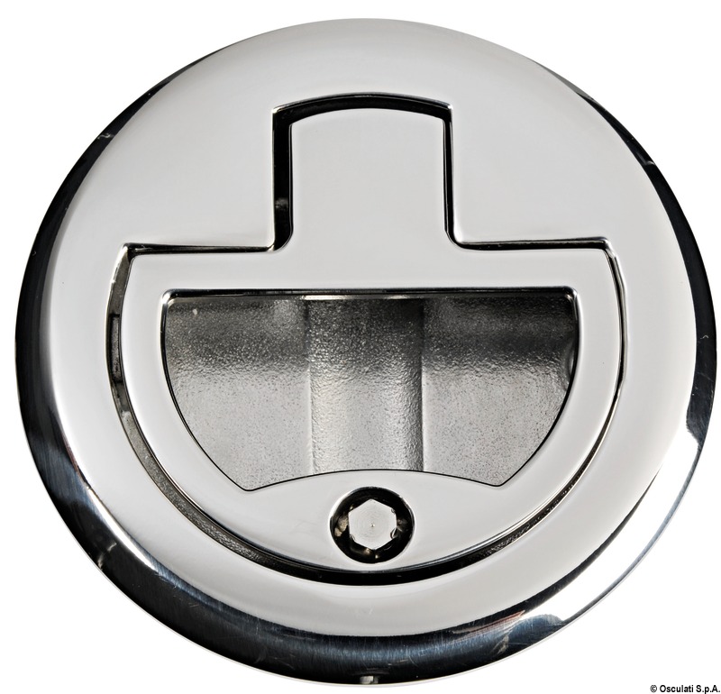 Chiusura a scatto con maniglia rientrante a molla. Tutto acciaio inox AISI 316 lucidato a specchio.
