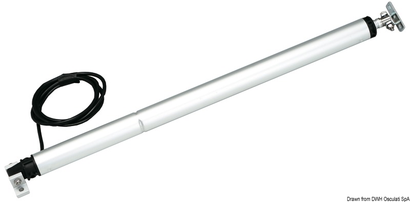 Montaggio singolo. Corpo Ø 34 mm, spinta massima 65 kg. Assorbimento 2 A a 12 V, velocità 4 mm/sec a 12 V, 6 mm/sec a 24 V. Con corpo in alluminio e stelo telescopico inox, impermeabile IP65. Apertura totale o parziale del portellone in tutte le posizioni volute.Non si possono montare in coppia.