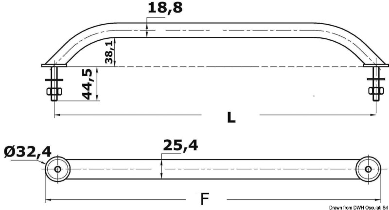 In acciaio inox lucidato a specchio. 19x25 mm, fissaggio con 2 o 3 prigionieri Ø 5/16 mm.