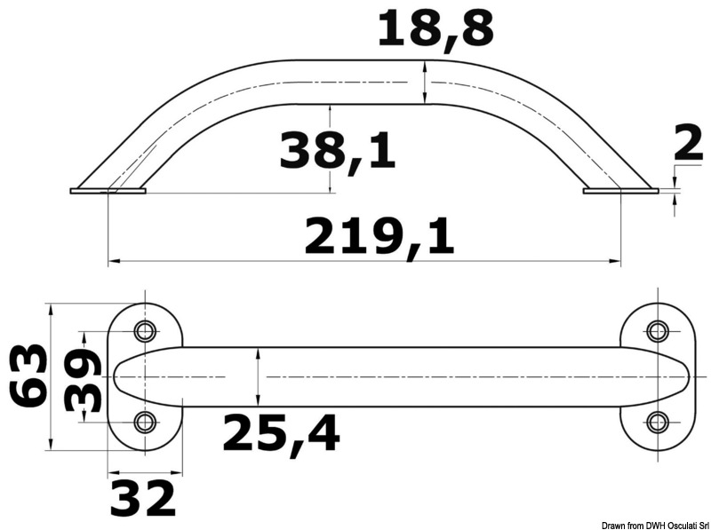 In acciaio inox lucidato a specchio, sezione19x25 mm, fissaggio esterno con viti.
