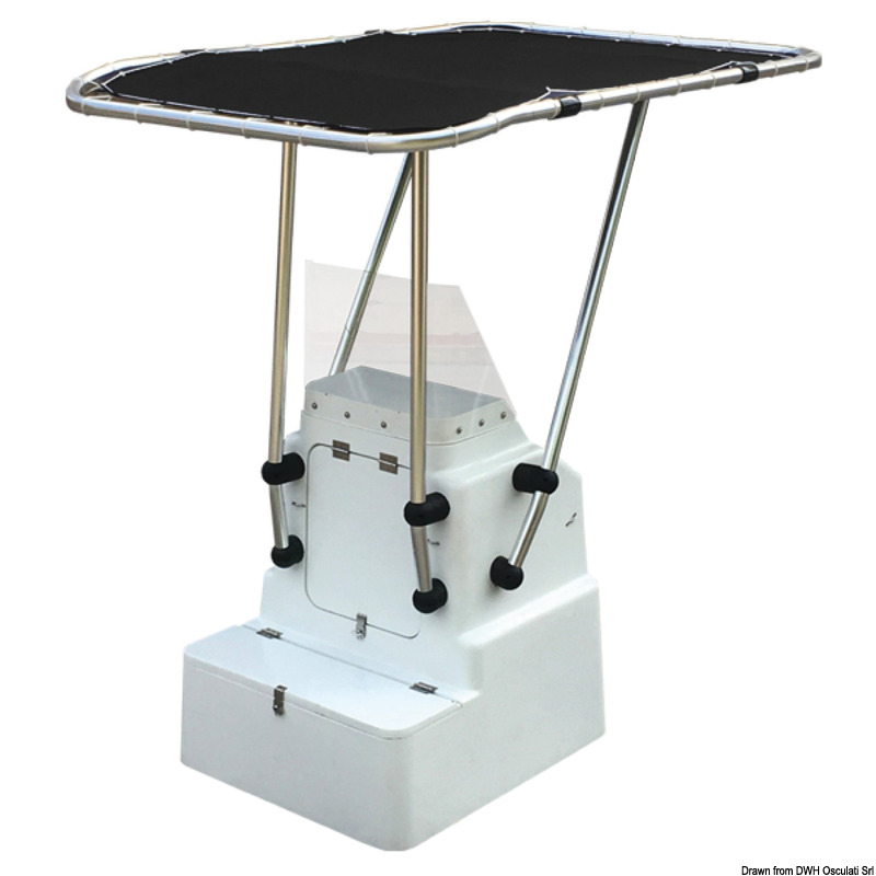 Fabbricato in tubo Ø 44 mm, con raccordi in resina ad alta resistenza e parti saldate di altissima qualità. Universale in quanto gli attacchi alla console possono essere regolati a piacere. Il tessuto del T-Top è poliestere ATLAS blu da 310 g/m2 impermeabile ed UV resistente.Velocità massima consentita con telo installato: 25 nodi.