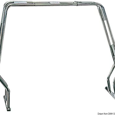 In acciaio inox AISI 316. E’ robustissimo. Munito di piani d’appoggio superiori e laterali per fanali e trombe.Regolazione telescopica.
