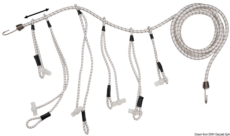 Con cavigliotti in nylon e ganci terminali in acciaio inox.