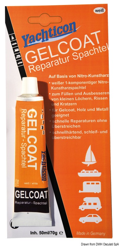 Gelcoat monocomponente nitrosintetico. Ideale per riparare piccoli danni sulla vetroresina / gelcoat / legno / metallo. Riparazione veloce senza necessità di verniciatura. Indurisce velocemente e, se necessario, può essere carteggiato e verniciato.