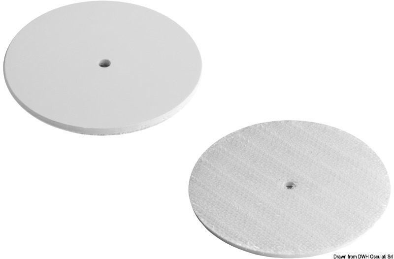 Dischetti rigidi in PVC con nastro ad uncino e foro centrale per il fissaggio meccanico. Utilizzato per essere accoppiato con la parte asola di cuscini e materassi sia in ambiente interno che esterno.  
