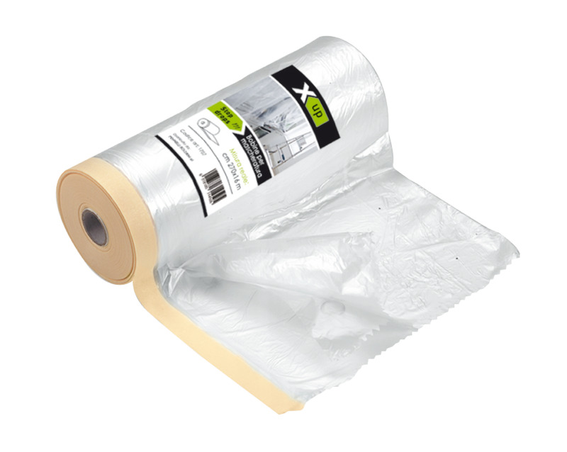 Film in nylon accoppiato con nastro adesivo in carte. Ideale per mascherare e proteggere velocemente durante la verniciatura.