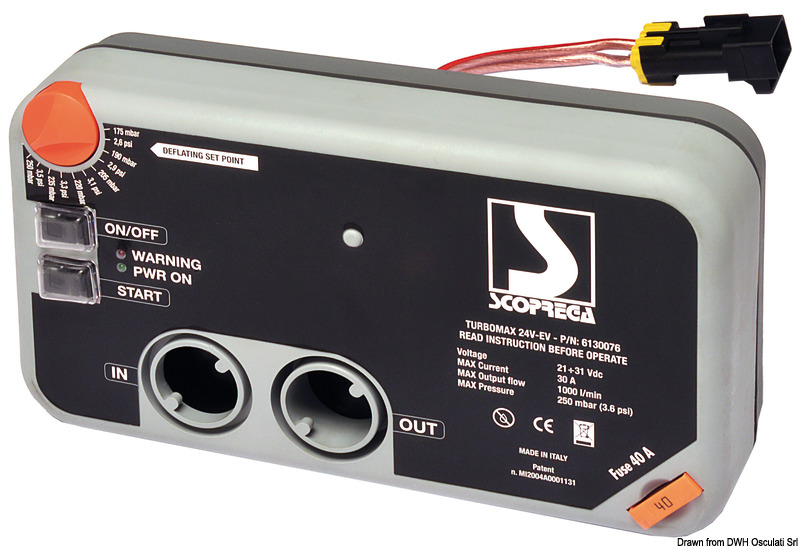 Versione fissa per montaggio ad incasso. Ideato per montaggio sulla console del gommone o in prossimità del garage tender.Gonfia e sgonfia. Arresto automatico alla pressione desiderata.