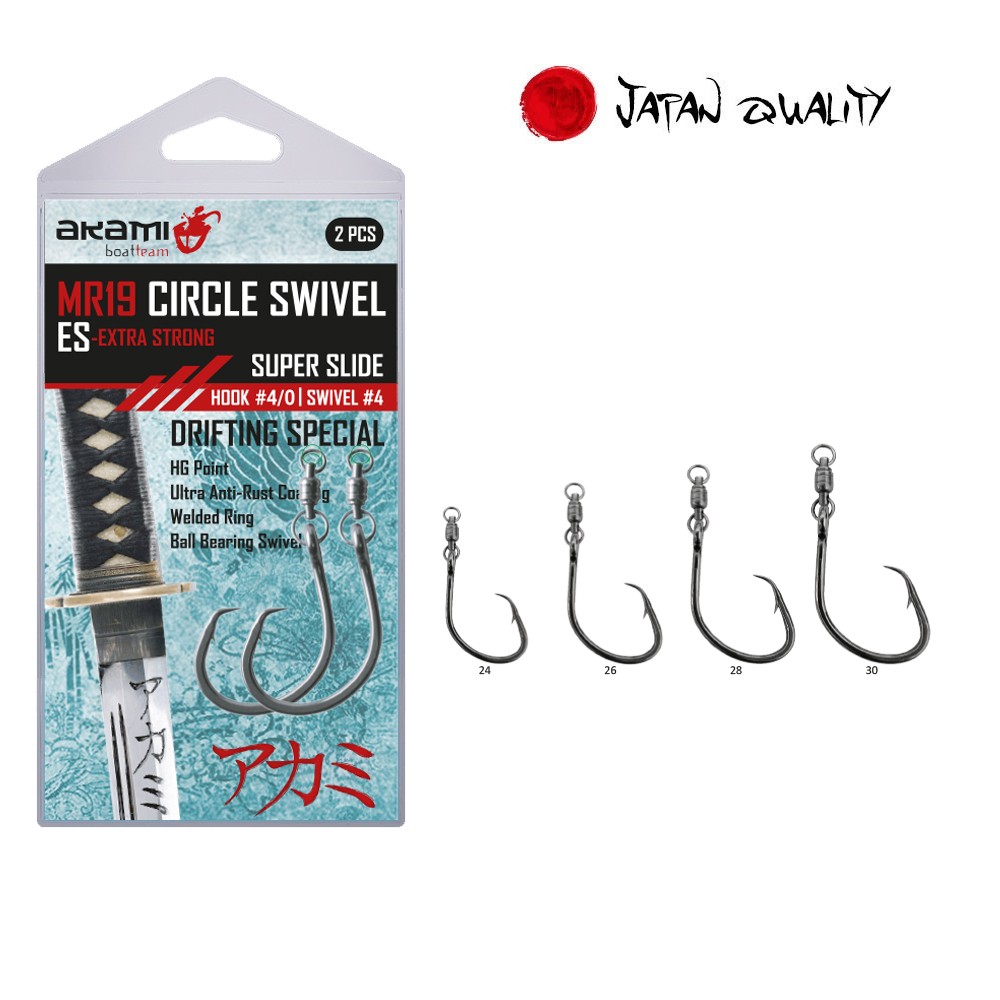 AKAMI SERIE MR19 SWIVEL amo a gambo corto con girella in acciaio inossidabile con cuscinetti a sfera a doppia rotazione, collegata all’occhiello tramite un anello saldato. Questo sistema permette all’esca di ruotare liberamente su se stessa a 360°. Straordinario per la pesca a drifting in mare, a big game ed a grossi pesce pelagici.

HG Point
Ultra Anti-Rust Coating
Welded Ring
Ball Bearing Swivel