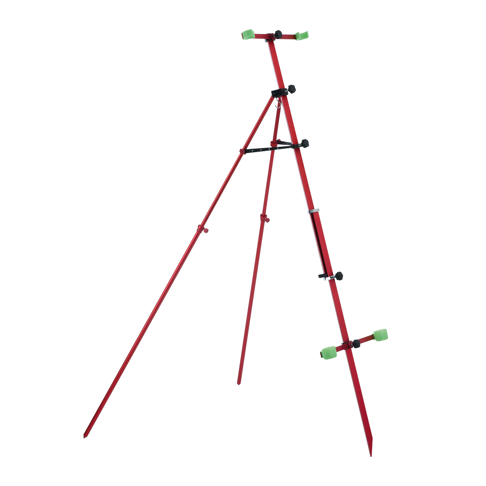 Tripode regolabile in alluminio, struttura adatta a tutti i tipi di superfice. Munito di appendi finali e bicchierini fluorescenti. Indicato per la pesca a surfcasting e beach ledgering.