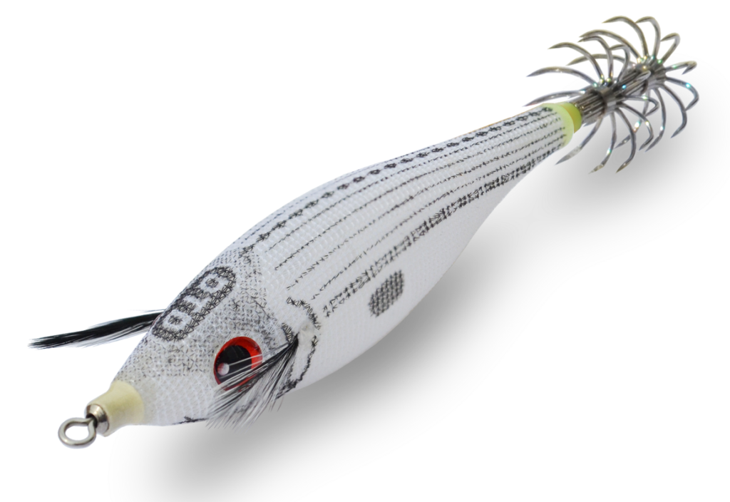 Bijela Gira DTD ideata per la pesca a dalla barca. Una totanara con corpo estremamente realistico e luminoso ricoperto da un sottile strato di tessuto, occhi rossi fluorescenti, ottimo bilanciamento, 2 corone in acciaio.