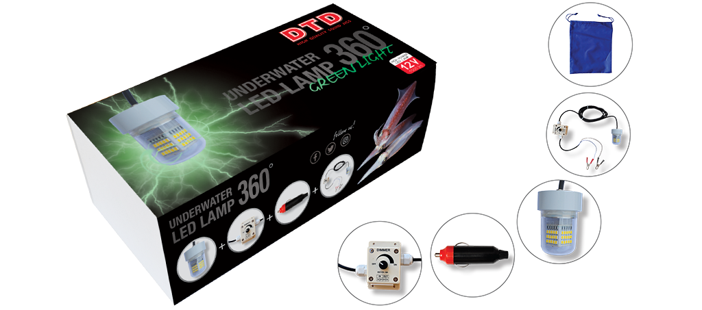 L’Underwater Led Lamp 360° della DTD è una nuova lampada ad immersione per attirare i calamari sotto la barca. Questo nuovo modello ha la caratteristica di illuminare a 360°! Possiede 6 metri di cavo nero che possono essere completamente immersi. La lampada a 12 V è composta da led con intensità pari a 150 lumens, alle quali si può cambiare l’intensità con un semplice Dimmer. Completo di adattatore per accendisigari. Il colore della luce è verde o bianca.