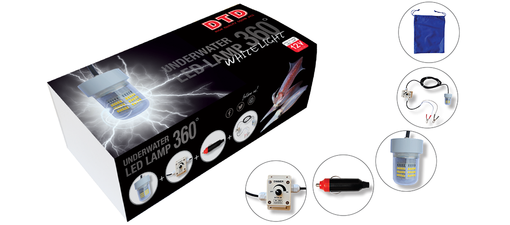 L’Underwater Led Lamp 360° della DTD è una nuova lampada ad immersione per attirare i calamari sotto la barca. Questo nuovo modello ha la caratteristica di illuminare a 360°! Possiede 6 metri di cavo nero che possono essere completamente immersi. La lampada a 12 V è composta da led con intensità pari a 150 lumens, alle quali si può cambiare l’intensità con un semplice Dimmer. Completo di adattatore per accendisigari. Il colore della luce è verde o bianca.