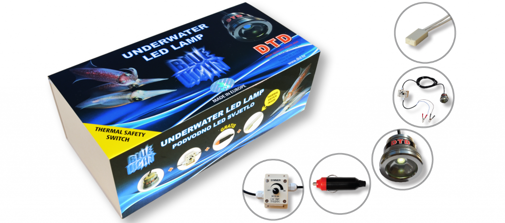 DTD Underwater Halogen Light, lampada alogena subacquea per richiamo calamari e totani alogena per richiamo calamari Munita di 4 metri di cavo con pinze per il collegamento alla batteria.