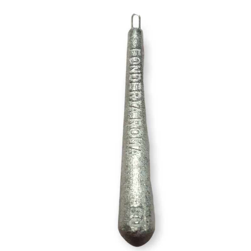 Piombo Leccetta indicato per la pesca su fondali con incagli o nelle gare di Surf Casting. La sua forma favorisce il recupero di pesci di galla soprattutto di Aguglie e Lecce riducendo al minimo i pesci slamati (la forma a “temolino” riduce l’attrito in acqua).