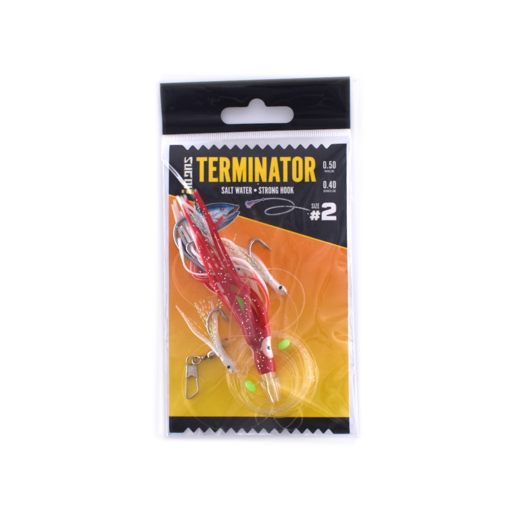 La Sugoi Terminator è una montatura da traina artigianale con octopus in silicone morbido da 10 cm, code di rondine da 4,5 cm con filamenti luccicanti, perline fluorescenti e amo strong inox. Realizzata con nylon resistente all’abrasione, è perfetta per insidiare tonnetti, palamite, lampughe e altri predatori pelagici. Una paratura robusta e catturante, ideale per traina costiera e d’altura.