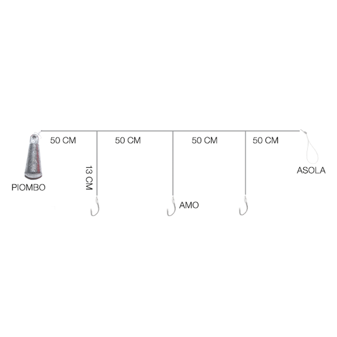 Terminale montato per la pesca a fondo, rock fishing e bolentino. Lungo 200cm è montato con tre braccioli e ami del numero 8. Madre lenza 0.35mm, braccioli da 0.30mm è disponibile con piombo finale da 50 o 75gr. Ideale per la cattura di carpe, pagelli, saraghi, pesci serra, murene, ecc.