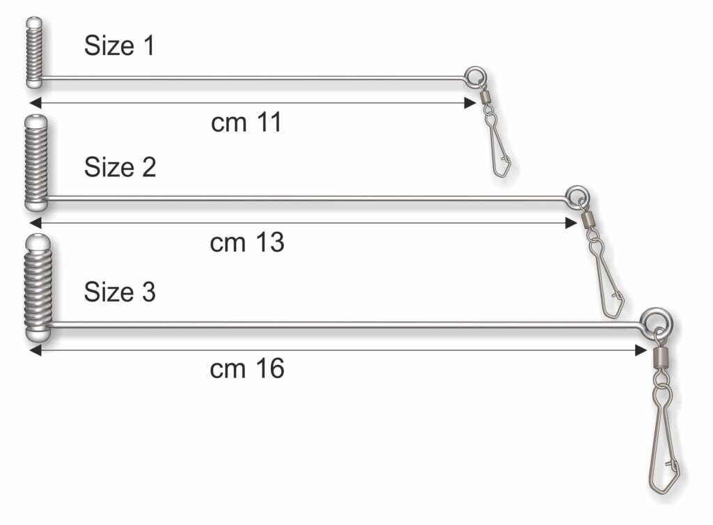 Dispositivo in acciaio inox per il montaggio e cambio rapido dei finali. La molla è rifinita con boccole in materiale scorrevole speciale “salva-filo”.

Misura 1: resistenza Kg 12 (Lbs 26)

Misura 2: resistenza Kg 20 (Lbs 44)

Misura 3: resistenza Kg 43 (Lbs 95)

Busta da 2 pezzi, confezione da 10 buste.