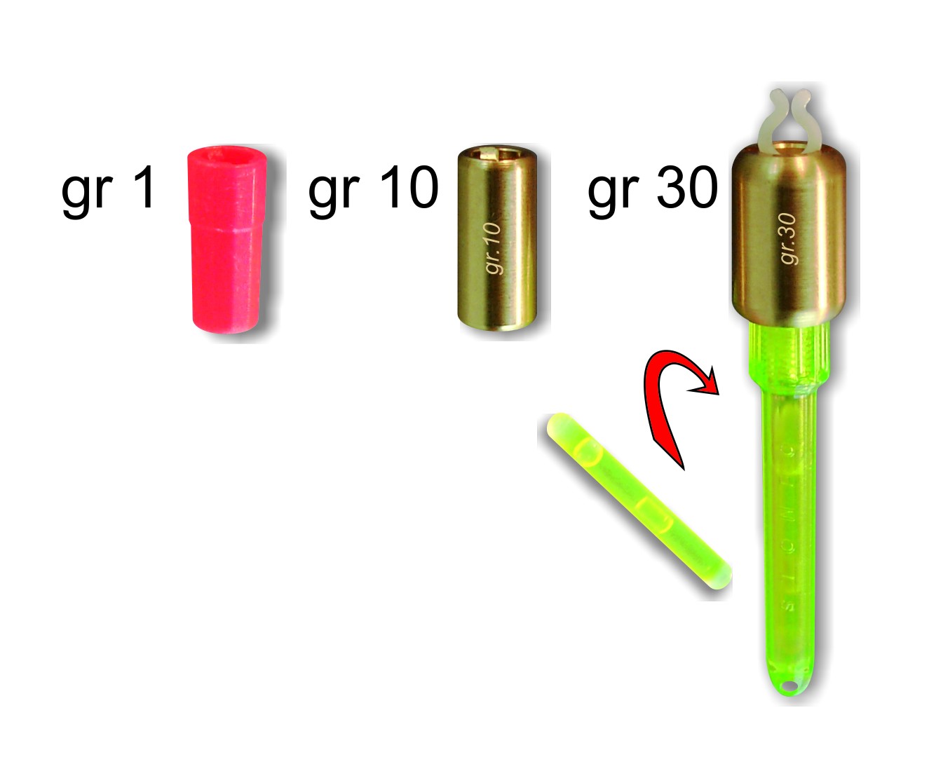 Segnalatore d’abboccata con pesi intercambiabili, adatto per il surfcasting ed il carpfishing. Munito di pinzetta con regolazione della tensione per lo sgancio del filo e alloggiamento per starlight di mm 3 e 4,5. Fornito completo di pesi di gr 1-10 -30.
Colori: verde - trasparente - arancio.
Busta da 1 pezzo, confezione da 5 buste.
