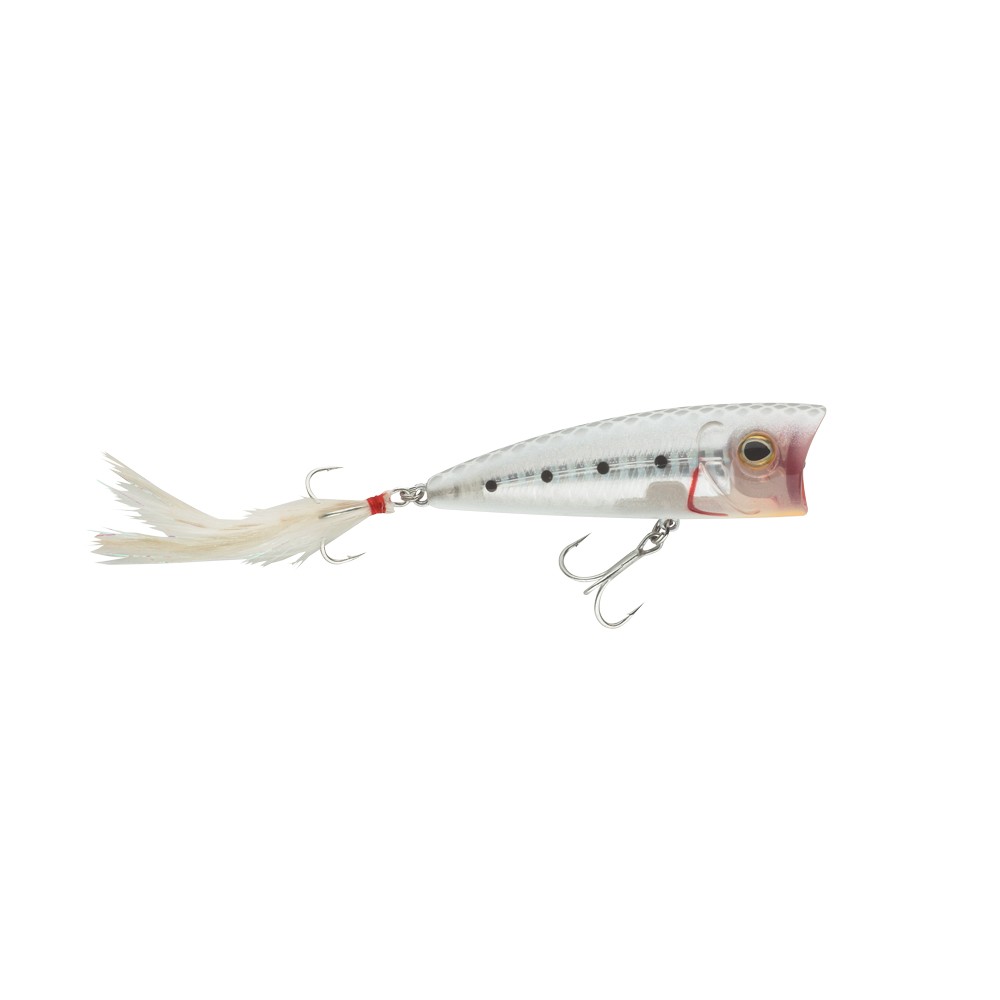 Esca artificiale di superficie, Popper VR, è ottimo sia in mare che in acque interne, eccellente per la cattura di predatori pelagici come, lecce amia e ricciole, pesci serra, barracuda e pesci black bass o spigole. Forma classica, monta 2 ancorette in acciaio ed una piumetta bianca. Disponibile in diverse colorazioni e misure.