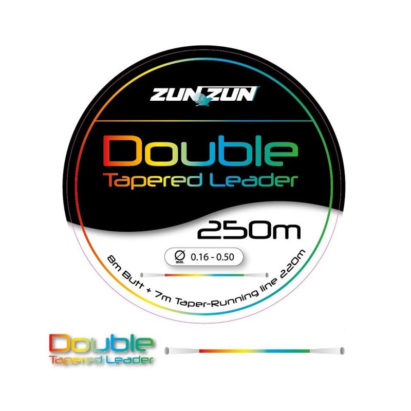 ZunZun Double Tapered è uno Shock Leader appositamente progettato per il Surfcasting. Bobina da 250mt, divisa in quattro colori per ogni 20 mt e da 15 mt conici da ambo i lati. Tali caratteristiche permettono, in caso di rottura del terminale conico, di poter riavvolgere sul mulinello il monofilo dal senso opposto da dove è avvenuta la rottura, avendo in tal senso un perfetto filo conico. Il nylon Double Tapered presenta una elevata resistenza all'abrasione ed al nodo ed è privo di nodi per eliminare l'eventualità di rottura sotto tensione.