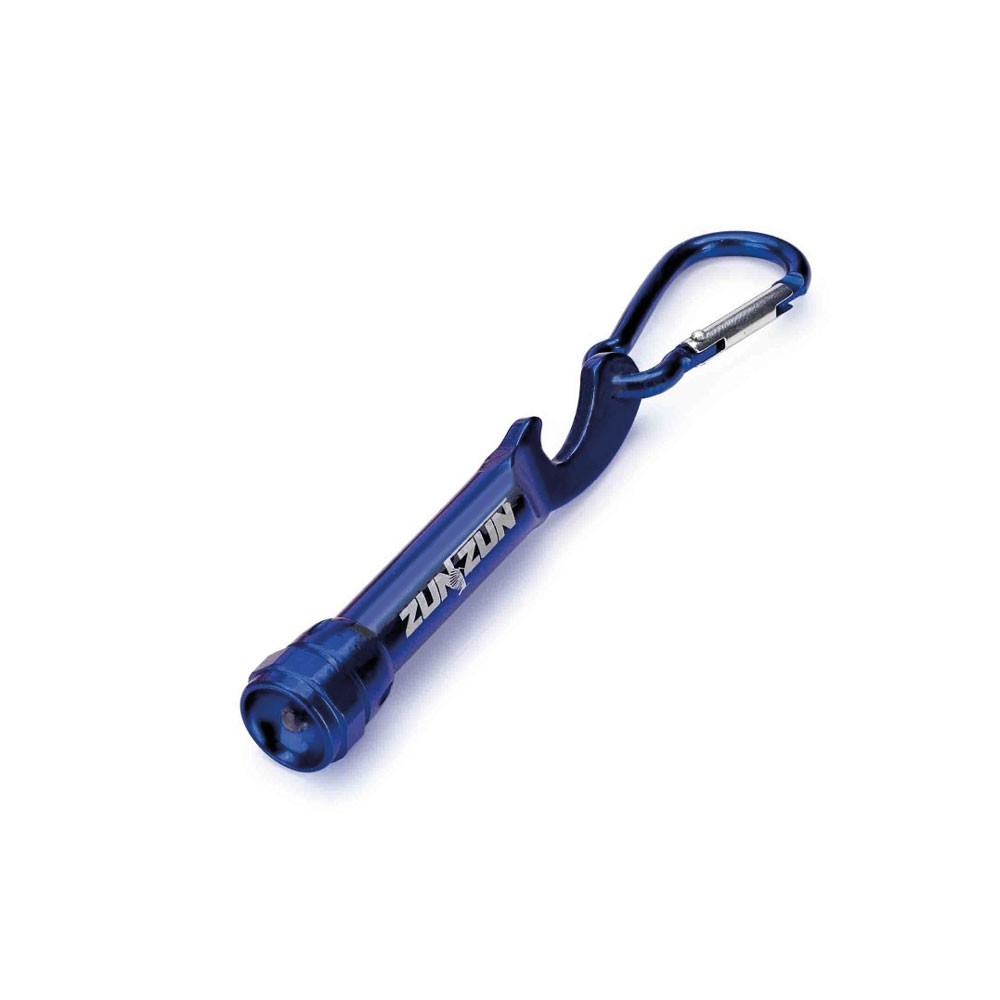 Mini torce con mischettone e apri bottiglie, luce a led continua. Colorazioni assortite.